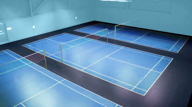 Impression of the New Badminton Hall Colour Scheme Blue Courts, Grey Outer, English Badminton Blue Walls